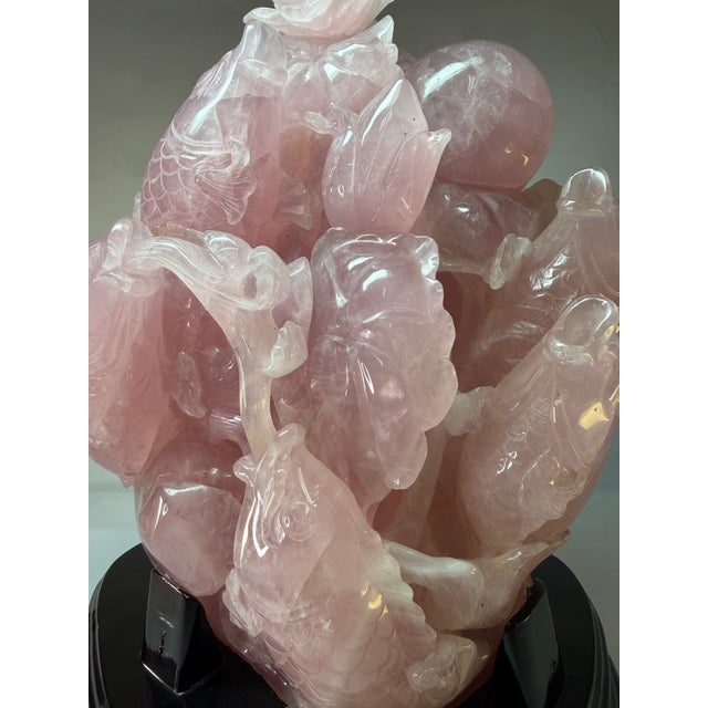 Gemstone Vintage Chinese Carved Rose Quartz Koi Fish & Lotus Sculpture on Wood Stand For Sale - Image 7 of 11