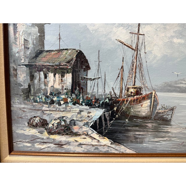 Sky Blue Vintage European Harbor Oil Painting Fishing Boats Seascape Framed Signed For Sale - Image 8 of 12