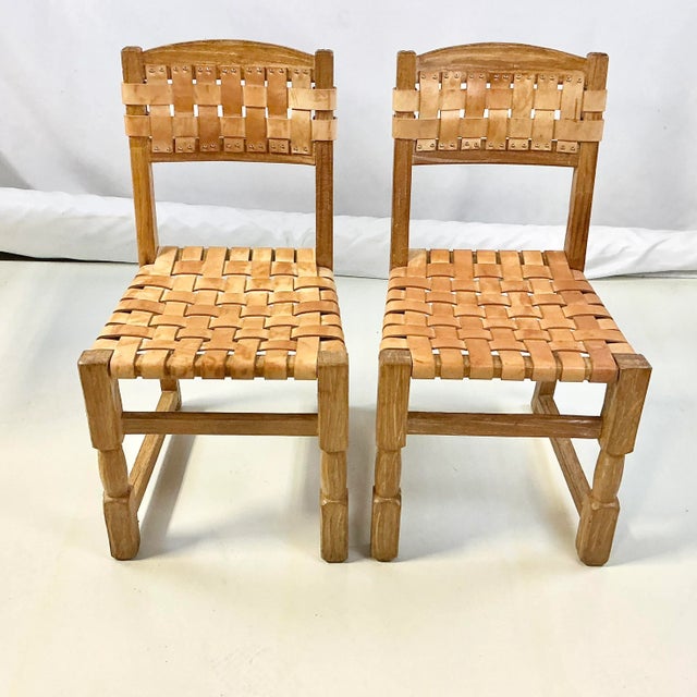 Cinco De Mayo - 1970s Brutalist Boho Chic Mexican Ceruse Oak & Leather Strap Dining Chairs - A Pair. For Sale - Image 4 of 13