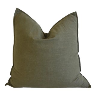 Belgian Olive Green Woven Linen Feather/Down Pillow 22" Square For Sale