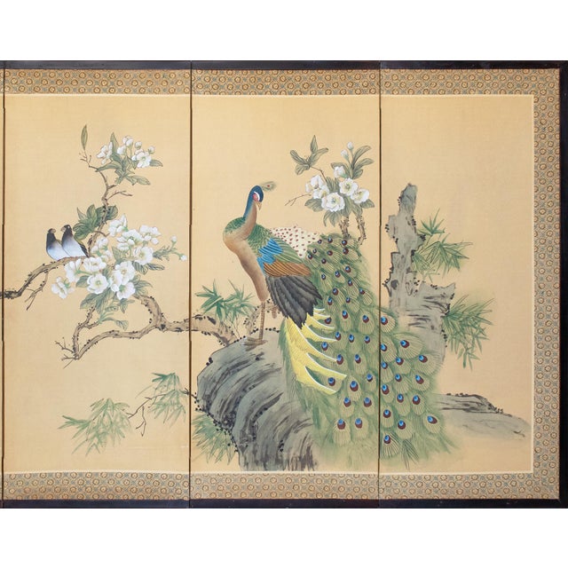 Chinoiserie Circa 1970s Chinoiserie Style Painted Silk Screen "Peacock and Magnolia" For Sale - Image 3 of 18
