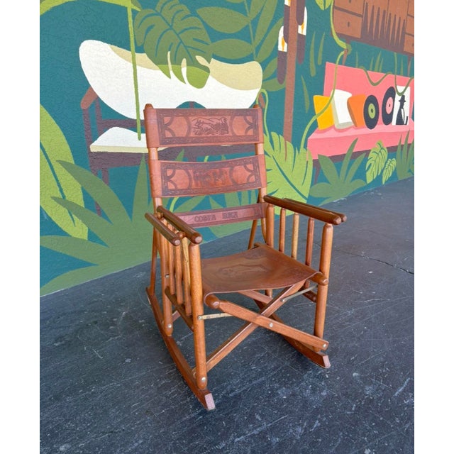 Wood Vintage Embossed Leather Costa Rican Rocking Chair For Sale - Image 7 of 11