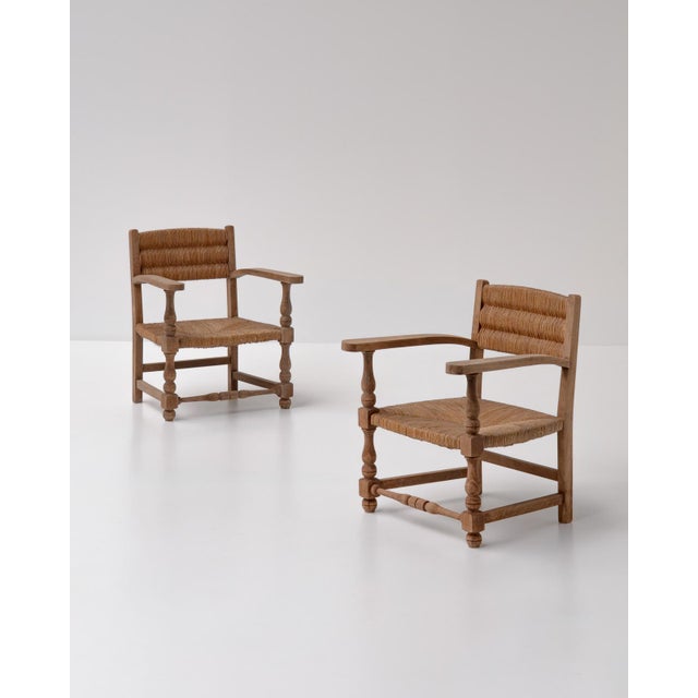 Wood French Rustic Oak and Rush Armchairs, 1950s, Set of 2 For Sale - Image 7 of 11