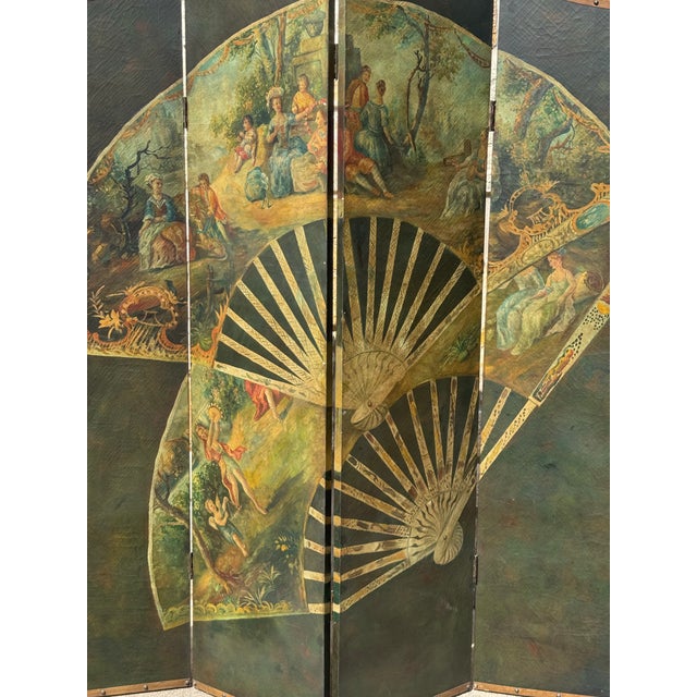 French Vintage "Vernis Martin" Antique Style Hand-Painted 4-Panel Folding Screen Room Divider For Sale - Image 3 of 11