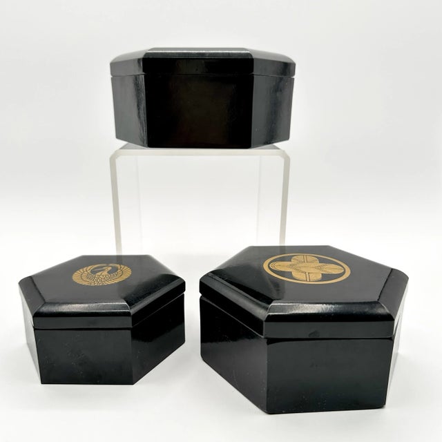 Vintage Nesting Black Lacquer Finish Boxes With Gold Print Design Set of Three Made in Japan For Sale - Image 10 of 12