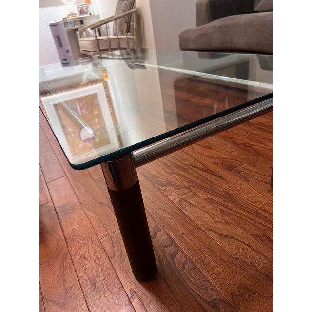 1980s Mid Century Modern Wood, Chrome and Glass Large Coffee Table For Sale - Image 4 of 9