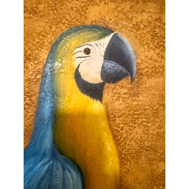 Vintage Boho Bamboo Parrot Painting, Illegible Signature, Framed 48” X 36 - Signed Unknown Artist For Sale - Image 12 of 12