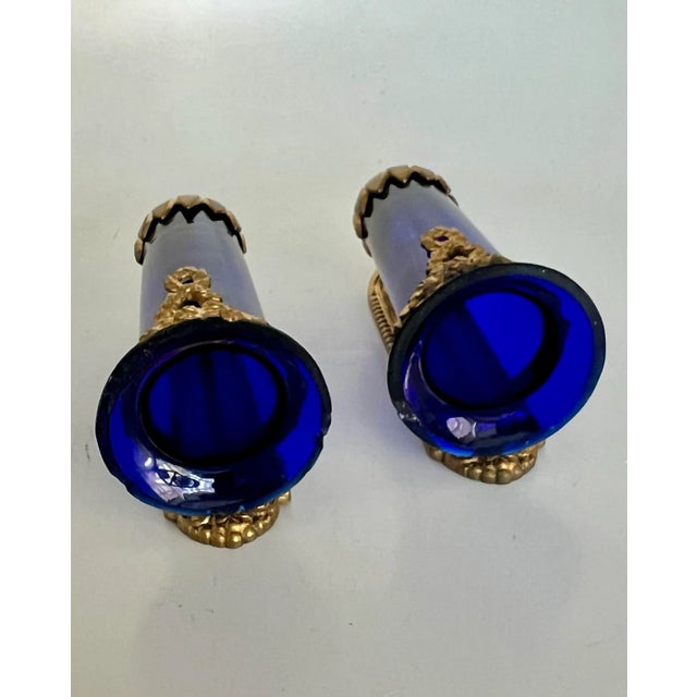 Metal Antique Late 19th Exquisite Louis Philippe French Wall Sconces With Sèvres-Style Cobalt Blue Glass Vases Gilded Ormolu Mounts, a Pair For Sale - Image 7 of 12