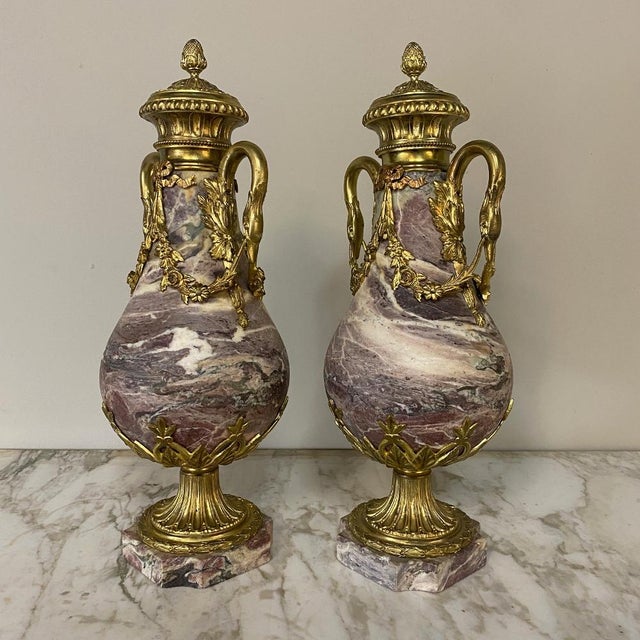 Gold Pair 19th Century French Louis XVI Marble & Bronze d'Or Cassolettes For Sale - Image 8 of 13