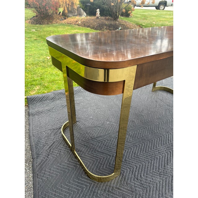 Mid-Century Modern Floating-Top Walnut Desk With Brass Base by John Stuart For Sale - Image 9 of 16