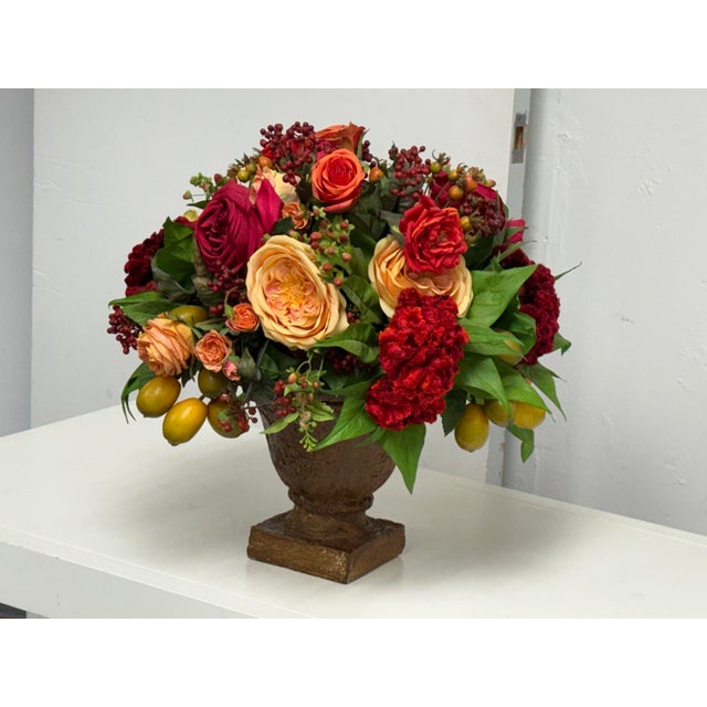 Design Plus Gallery presents a Classical Faux Rose + Fruit Floral Arrangement. The composition includes roses and garden-...