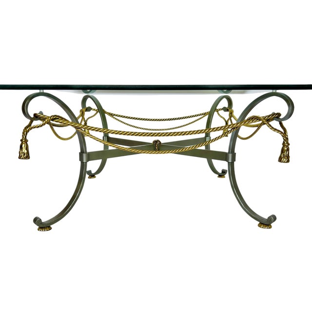 Hollywood Regency 1970s Hollywood Regency Mixed Metal Rope and Tassel Glass Top Coffee Table For Sale - Image 3 of 12