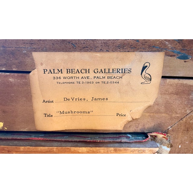 James DeVries French Tromp l'Oeil Still Life Oil Painting on Canvas of Mushrooms - Palm Beach Galleries 1962 For Sale - Image 10 of 18