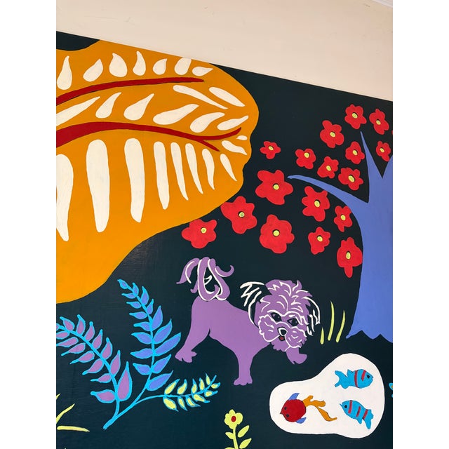 Contemporary Painting of a Dog in a Stylized Garden, Signed and Dated 2012 For Sale - Image 4 of 10