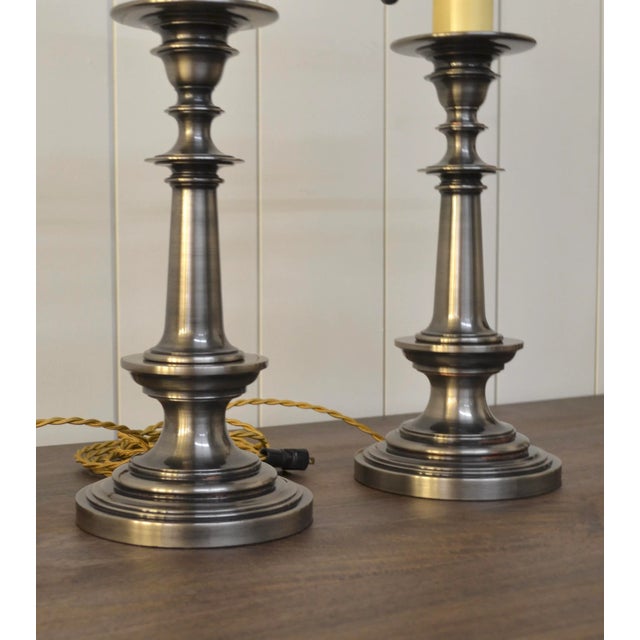 Stiffel English Style Candlestick Lamps in Pewter Finish - A Pair For Sale - Image 4 of 7