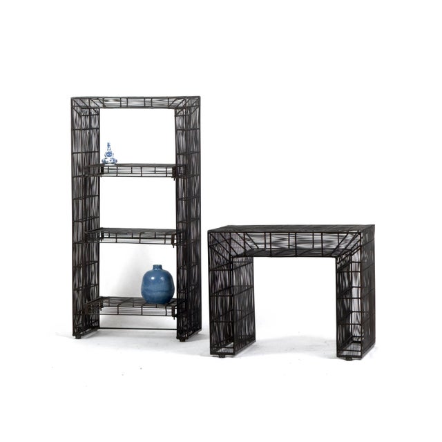 Shelf h 101,5cm w 50.5cm d 25cm display table h 49.5cm w 60.5cm d 40cm a sculptural vintage set consisting of a metal wire...