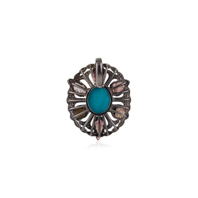Ornate Turquoise Carved Tourmaline Diamond Statement 925 Silver Pendant For Sale - Image 6 of 12