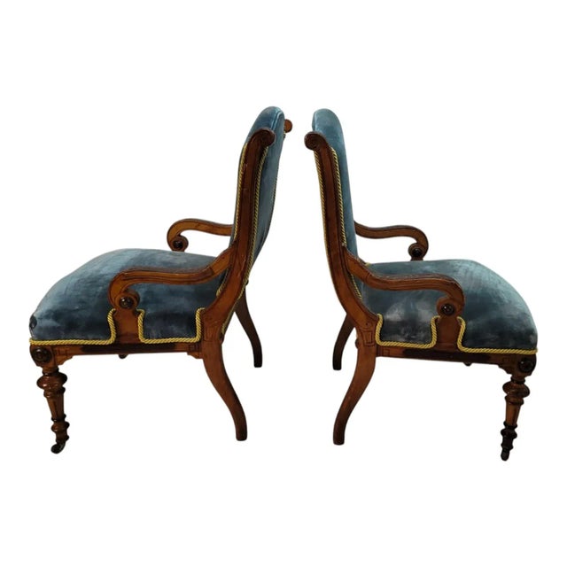 Pair 19th C American Victorian Walnut & Ebony Inlaid Ladies Chairs, Refurbish For Sale - Image 4 of 18