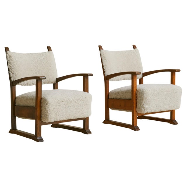 Danish Oak Armchair with Lambskin Upholstery, 1940s - 2 Available For Sale - Image 11 of 18