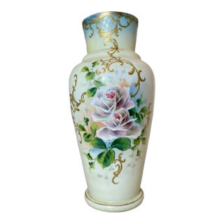 Tall Antique Hand Blown Painted Milk Bristol Glass Enamel Enameled Flower Vase For Sale