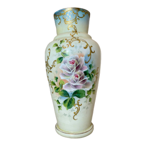 Tall Antique Hand Blown Painted Milk Bristol Glass Enamel Enameled Flower Vase