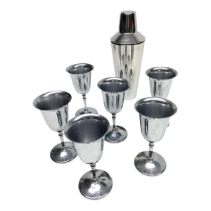 MCM Set Stainless Cocktail Shaker & Silverplate Cocktail Glasses Set of 7