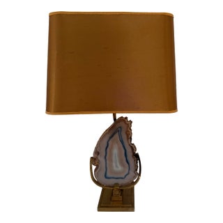 Vintage Willy Daro Attributed Brass & Agate Table Lamp With Silk Lamp Shade For Sale