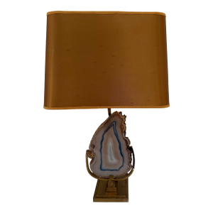 Vintage Willy Daro Attributed Brass & Agate Table Lamp With Silk Lamp Shade