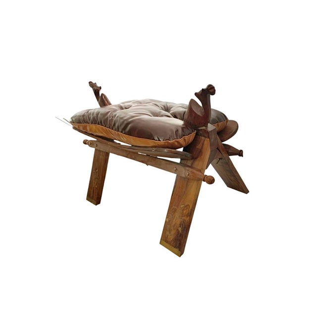 Mediterranean Late 20th Century Ottoman Leather Cushion on Wood Stand Camel Saddle Stool Vintage Egyptian Decor For Sale - Image 3 of 11