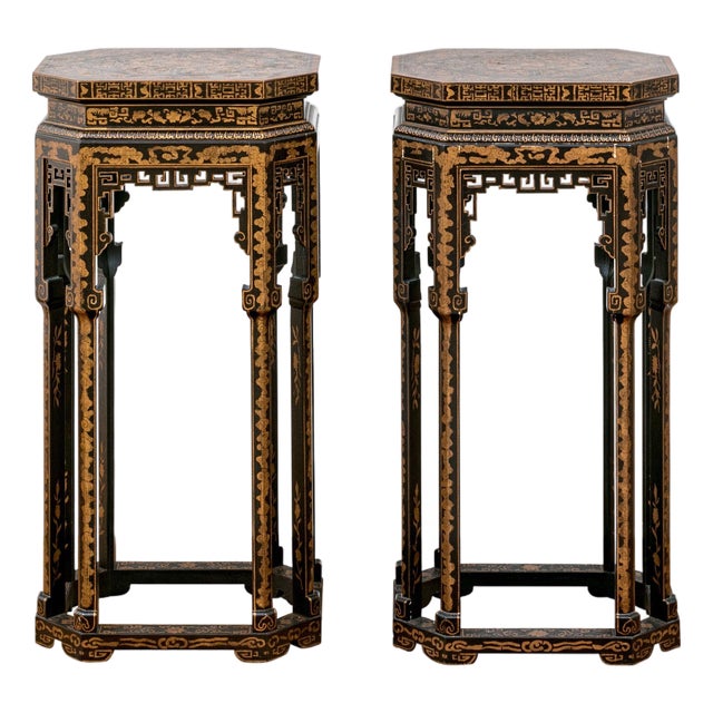 Vintage Chinoiserie Black Lacquered Octagonal Pedestal Stands—A Pair For Sale