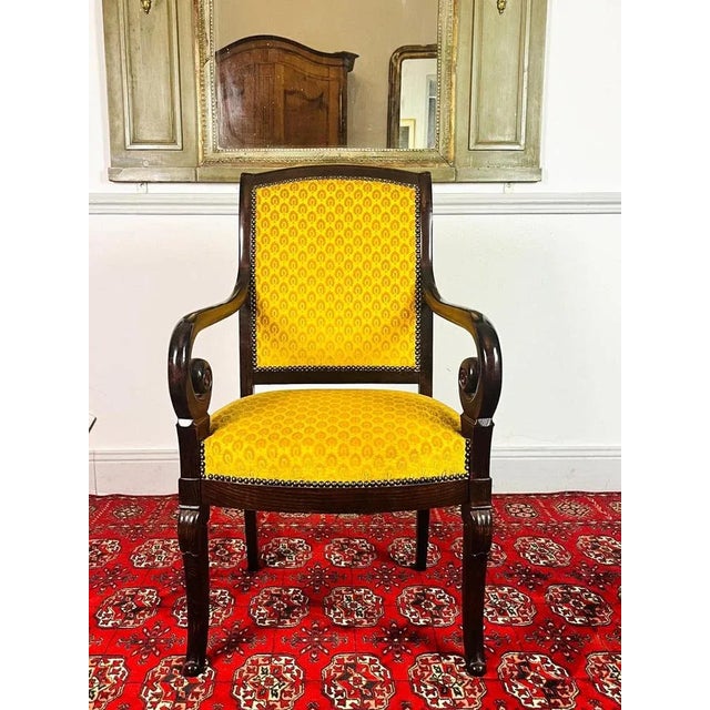 French Carved Wooden Armchair with Yellow Velvet, France, 1820 For Sale - Image 6 of 13