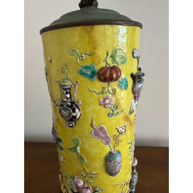 Antique Chinese Famille Rose Yellow Lamp Relief Decorated Vase For Sale - Image 15 of 18