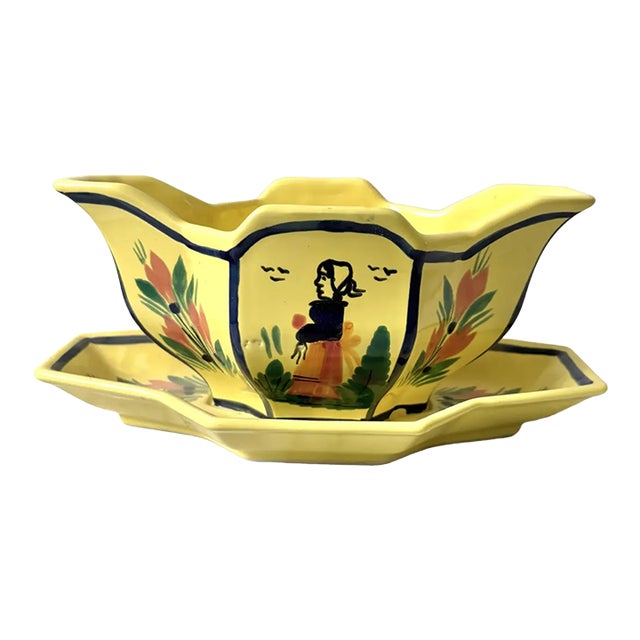 Mid 20th Century French H . B. Quimper Pottery Gravy Boat Stamped France For Sale