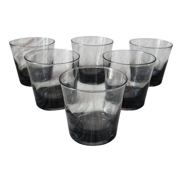 Set 6 Smokey Gray Glass Rocks Old Fashioned Barware Glasses 3.5" H For Sale