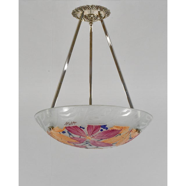 Metal Loys Lucha French Art Deco Pendant Light 1930s - Red Orange Floral Enameled Bowl For Sale - Image 7 of 14