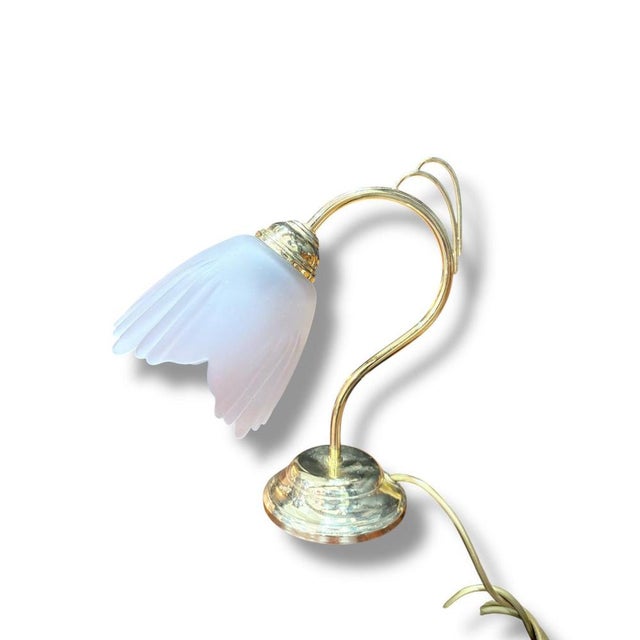 Gold Vintage Art Nouveau Style Brass and Frosted Glass Flower Table Lamp For Sale - Image 8 of 9