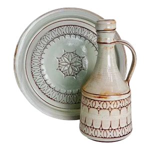 Vintage Sgraffito Mid-Century Modern Art Pottery Decanter & Matching Chop Plate- Set of 2 Pieces