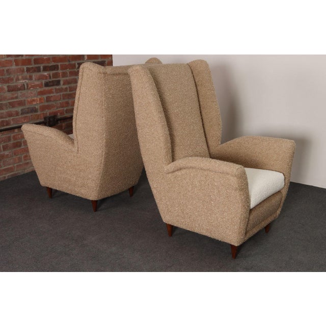 Brown Pair of Italian Modernist High Back Lounge Chairs in Two-Tone Bouclé and Walnut For Sale - Image 8 of 18