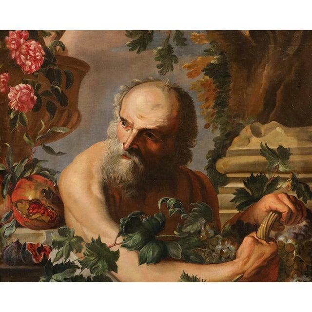 Bottega Di Abraham Brueghel, Portrait of the Greek Philosopher Diogenes with a Composition of Fruit, 1680, Oil on Canvas For Sale - Image 11 of 14