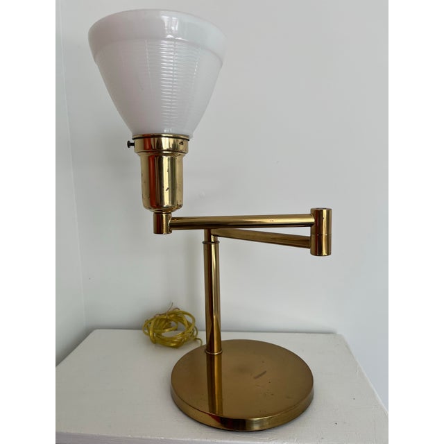 Mid-Century Modern 1950s Walter Von Nessen Brushed Brass Swing Arm Bedside/Table Lamp For Sale - Image 3 of 12