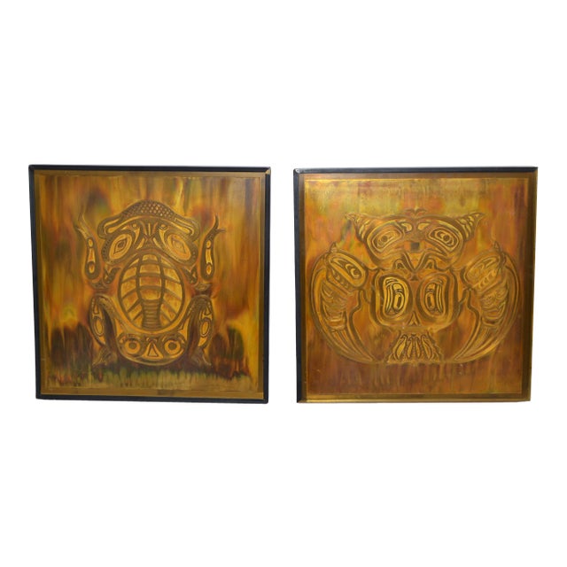 Bernhard Rohne Vintage Acid Etched Brass Owl & Frog Panel Framed Art - Two For Sale