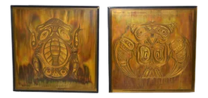 Bernhard Rohne Vintage Acid Etched Brass Owl & Frog Panel Framed Art - Two