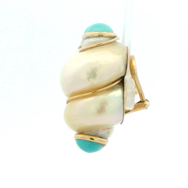 Contemporary Vintage Maz Jumbo 14k Gold Shell and Turquoise Cabochon Earrings, A Pair For Sale - Image 3 of 11