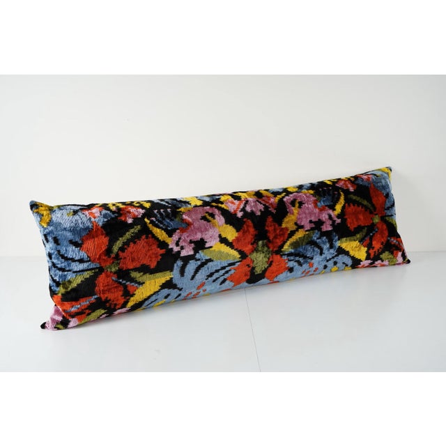 Mid-Century Modern Silk Ikat Velvet Lumbar Pillow Cover – Uzbek Bedding Cushion 16'' X 48'' For Sale - Image 3 of 4