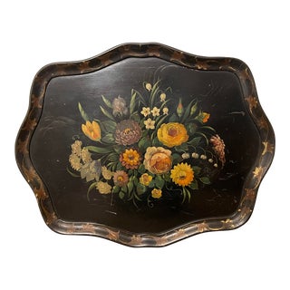 Vintage 29” Hand-Painted Floral Bouquet Papier Mache Tole Ware Tray For Sale