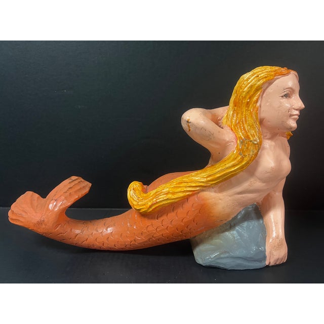 Folk Art Folk Art Carved Wood Mermaid Sculpture With Gold Haier and Orange Tail and Glass Eyes For Sale - Image 3 of 10