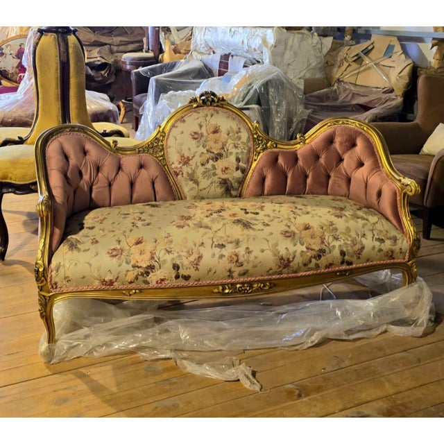 French Grand French Louis XV Sofa With Blush Velvet, Floral Damask Upholstery & Hand-Gilded Gold Leaf Frame For Sale - Image 3 of 3