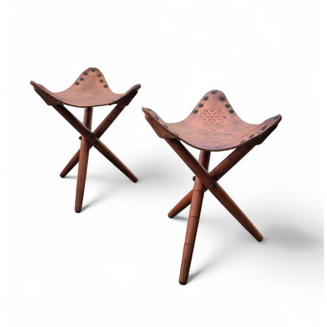 Vintage Tooled Leather Tripod Chairs, Set of 2 For Sale - Image 18 of 18