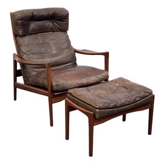 Mid 20th Century Ib Kofod-Larsen Scandinavian Lounge Chair + Ottoman For Sale