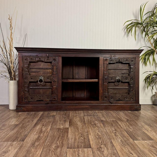 Vintage Hand-Carved Solid Wood Credenza, Sideboard, or Media Console For Sale - Image 4 of 16